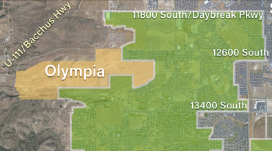 Map highlighting the Olympia property adjacent to Herriman City boundaries