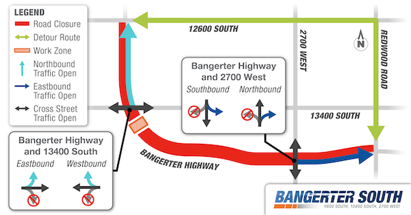Map showing closure of Bangerter Highway between 12600 South and Redwood Road