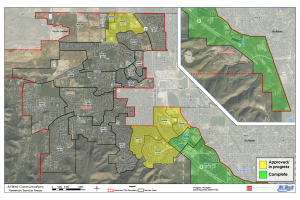 Map showing areas in Herriman divided by service locations for All West Communications fiber-optic network. Some locations are identified as approved/in progress or completed