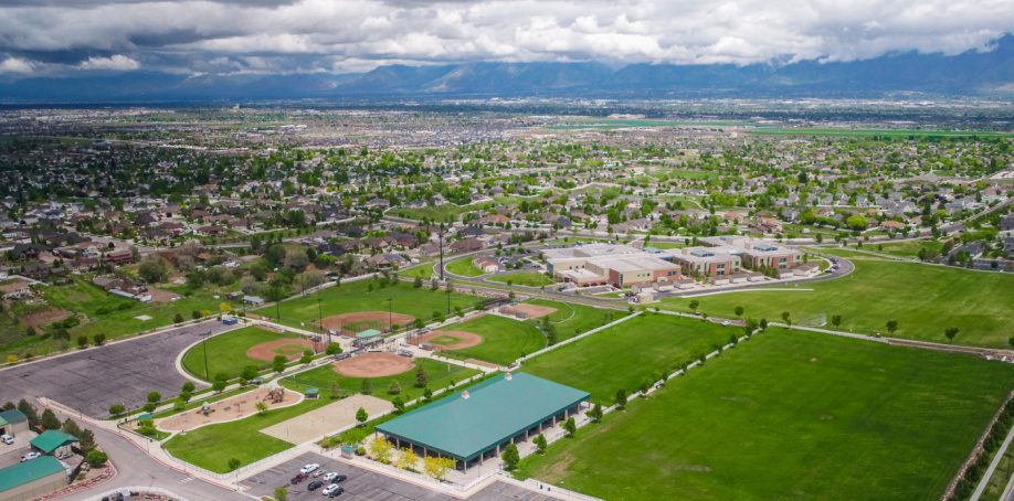 Aerial image of Butterfield Park in Herriman, overlooking the Salt Lake Valley