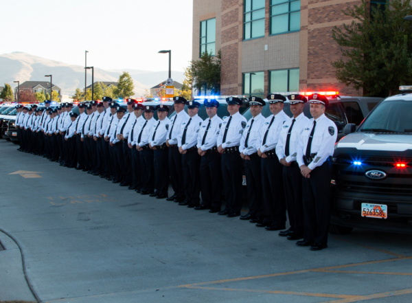The inaugural Herriman Police Department lines up for a photo at their initial swearing-in ceremony in 2018.