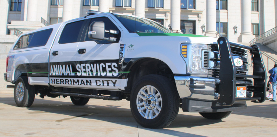 A Herriman Animal Services truck staged next to the state capitol building at a 2020 rally