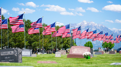 Grass cemetery with American flags waving