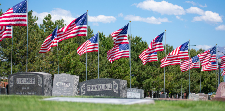 A series of U.S. flags fly over the Herriman City Cemetery in 2018 around Memorial Day