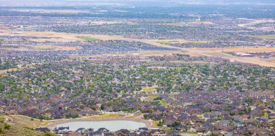An overhead view of Herriman City and Salt Lake Valley from a mountainside vantage point.