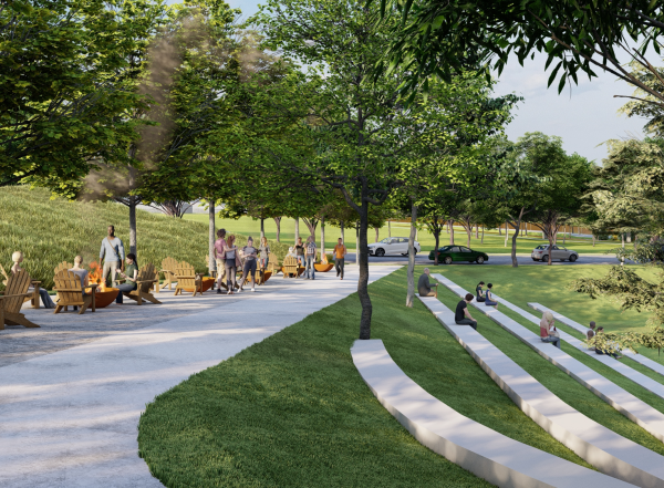 A rendering of the planned Mountain Ridge area park. Pictured are a series of fire pits and chairs, a walking path, and a concrete seating wall next to a grass play area.