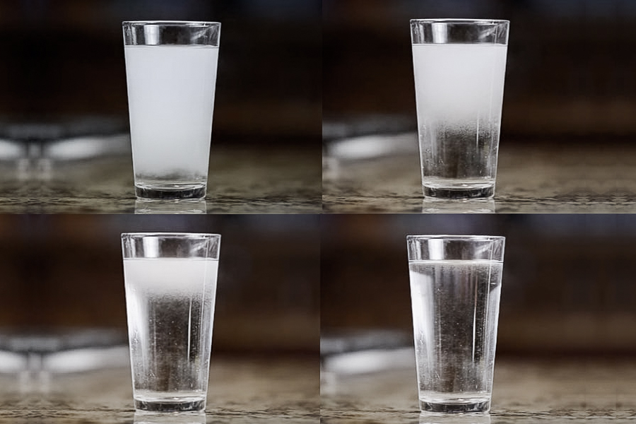 Four photos show cloudy-colored water caused by entrained air dissipating and changing to a normal color and texture over time.