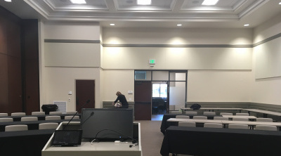 A picture of Community Room B with tables and chairs
