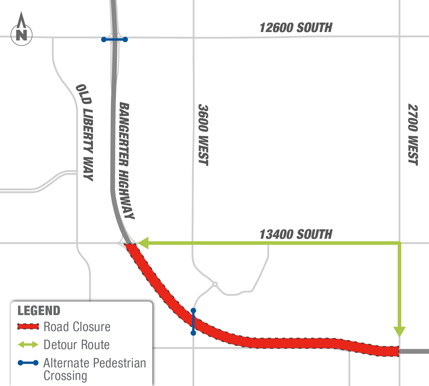 A detour map showing alternate routes around the closure on Bangerter Highway between 13400 South to 2700 West.