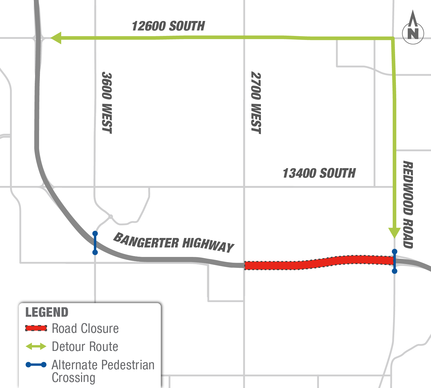 A detour map showing alternate routes around the closure on Bangerter Highway between 2700 West and Redwood Road. 